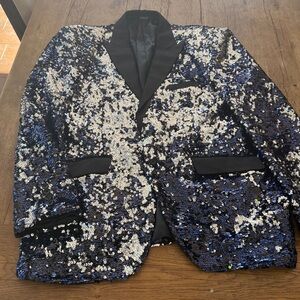 Angelino Blue Silver Sequin Blazer Black Satin Trim Mens Size 46